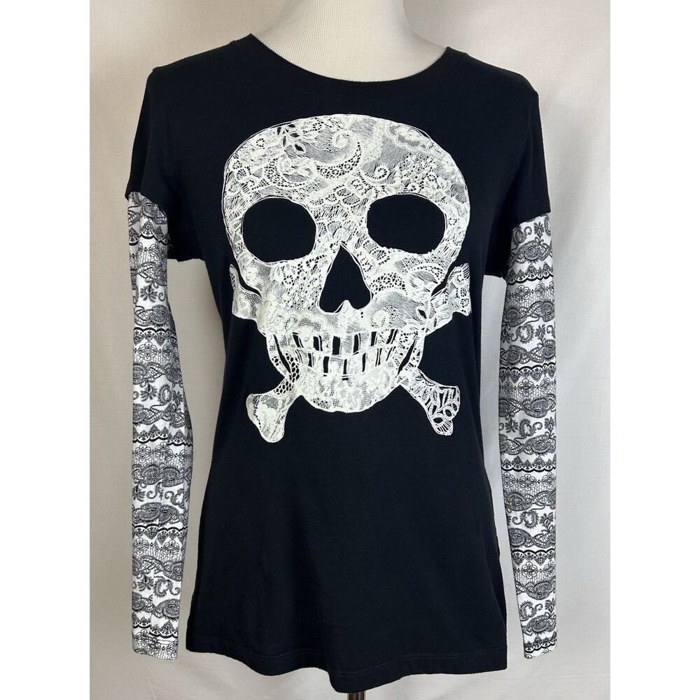 Y2K Grunge Skull Lace Double Layered Long Sleeve Shirt XL Juniors Halloween Goth